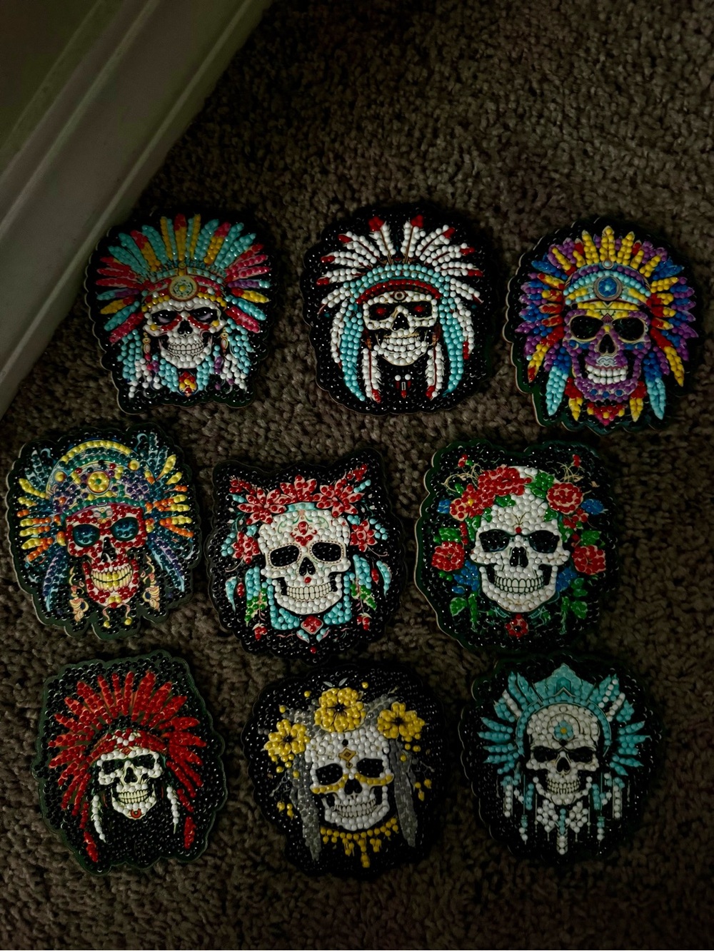 Finished Diamon Painting Multicolor Beaded Skull Coasters - Set of 9